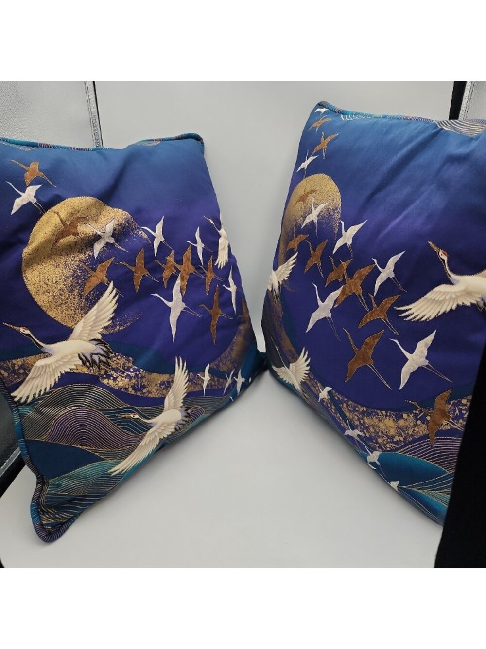 Vintage Blue & Gold Crane Pillows Set Of 2 16x16"